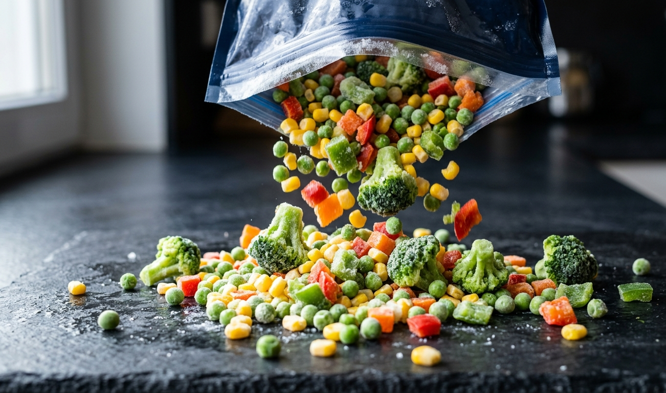 Mražená zelenina a ovoce v bílé misce – zdravé zimní ingredience